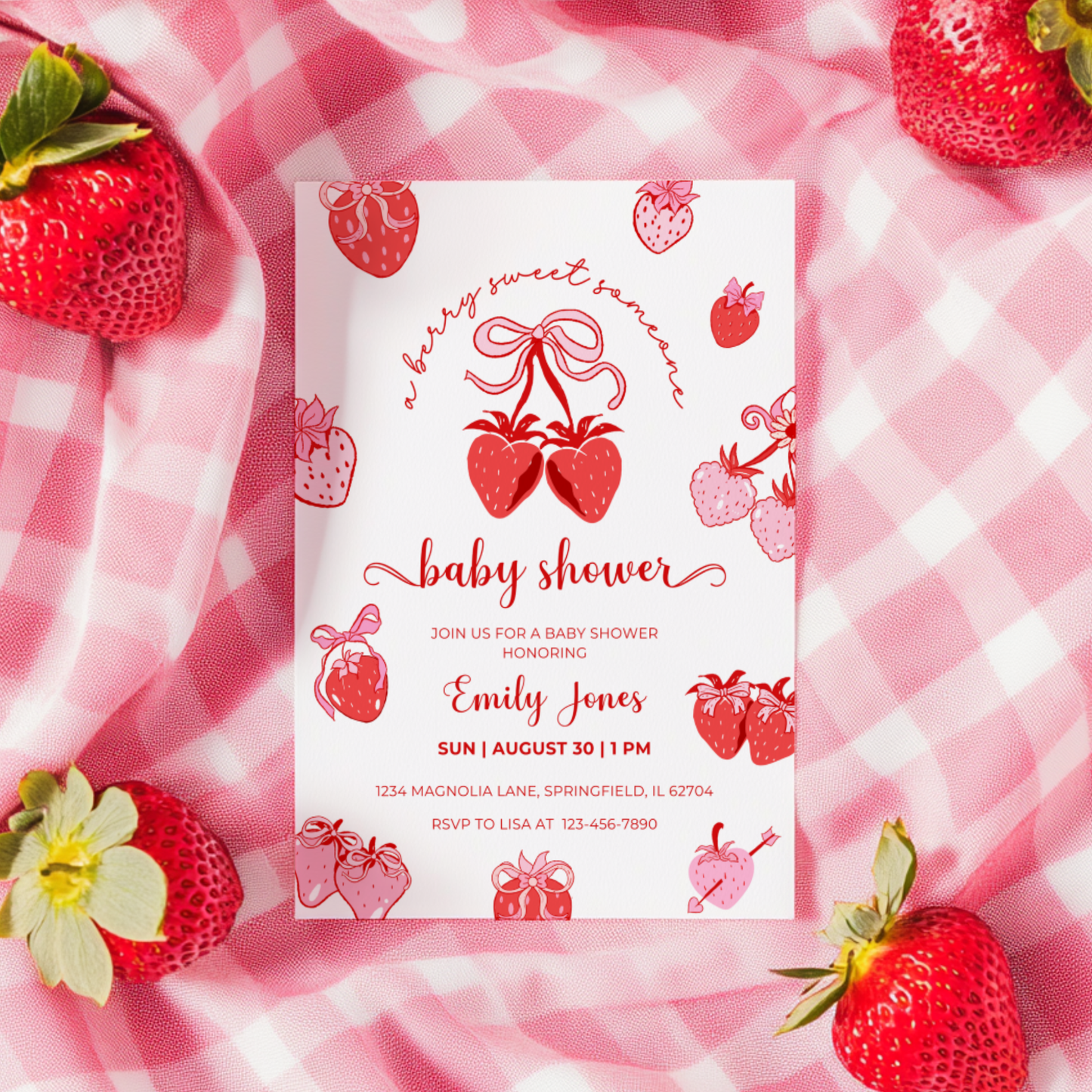 Baby Shower Invitation - Cute Strawberry Berry Sweet Coquette Pink Red Bow BS152