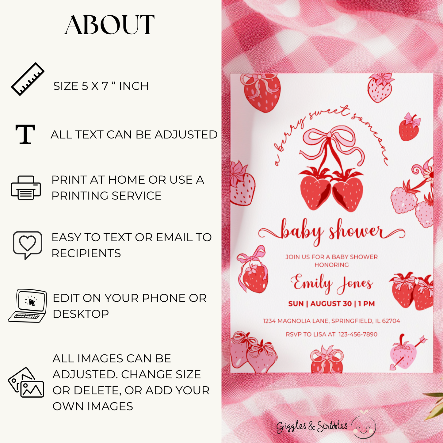 Baby Shower Invitation - Cute Strawberry Berry Sweet Coquette Pink Red Bow BS152