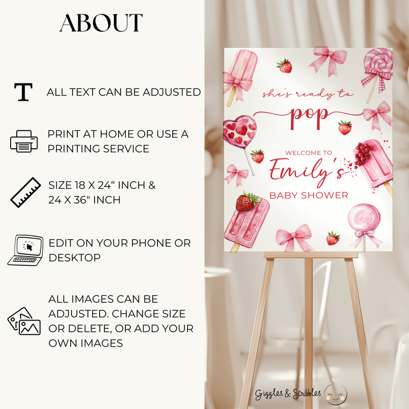 Baby Shower Welcome Sign - She's Ready To Pop Pink Strawberry Popsicle with Bows BS144
