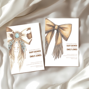 Baby Shower Invitation - Western Bow Boho Cowgirl Cowboy Feathers BS77