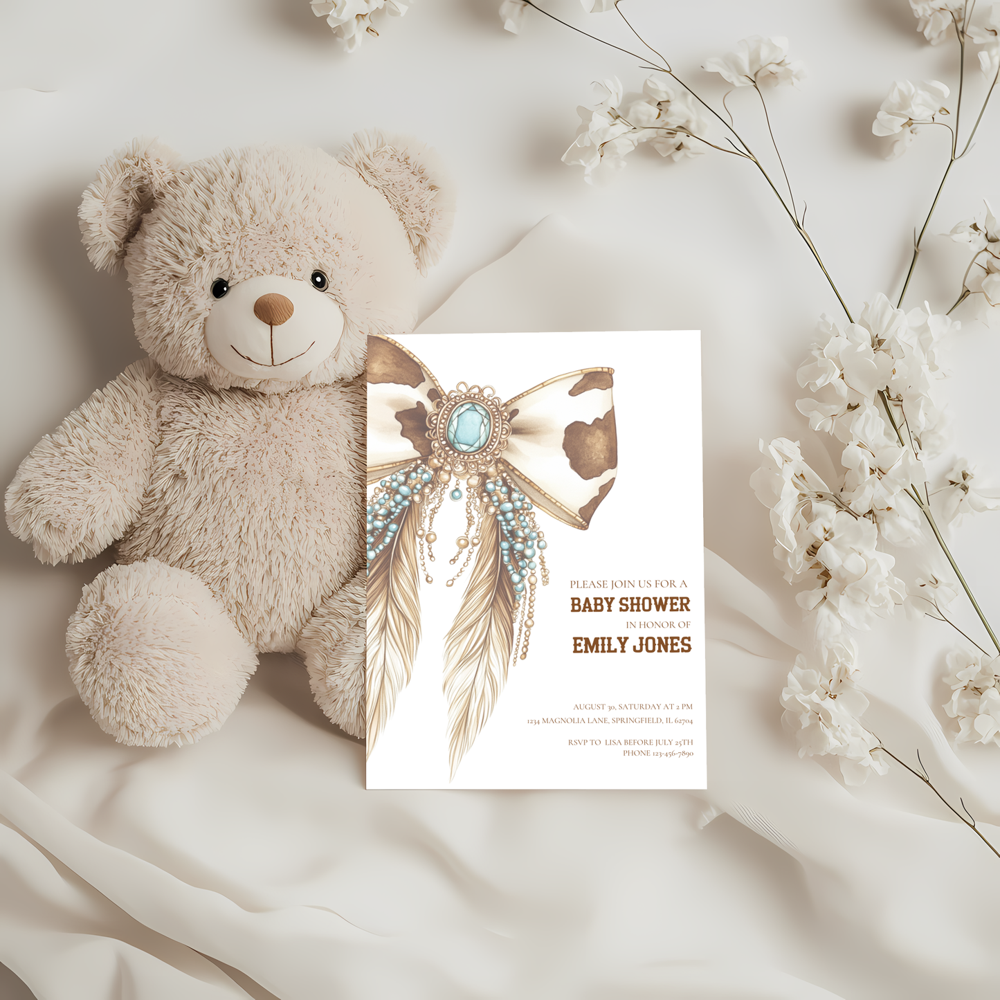 Baby Shower Invitation - Western Bow Boho Cowgirl Cowboy Feathers BS77