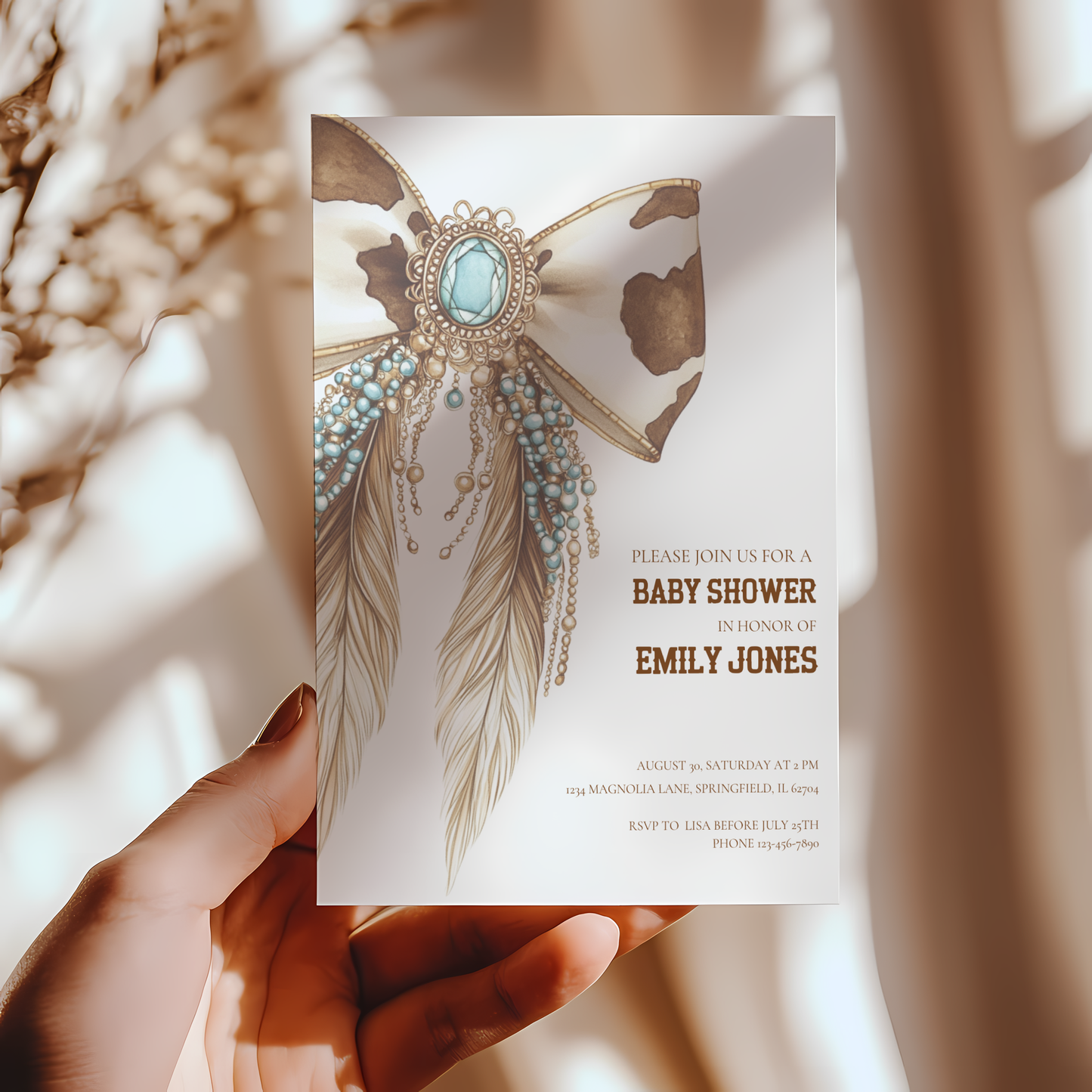 Baby Shower Invitation - Western Bow Boho Cowgirl Cowboy Feathers BS77