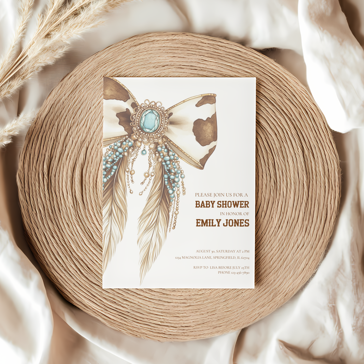 Baby Shower Invitation - Western Bow Boho Cowgirl Cowboy Feathers BS77