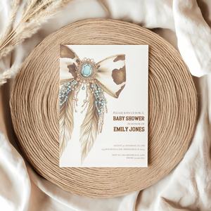 Baby Shower Invitation - Western Bow Boho Cowgirl Cowboy Feathers BS77