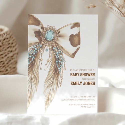 Baby Shower Invitation - Western Bow Boho Cowgirl Cowboy Feathers BS77