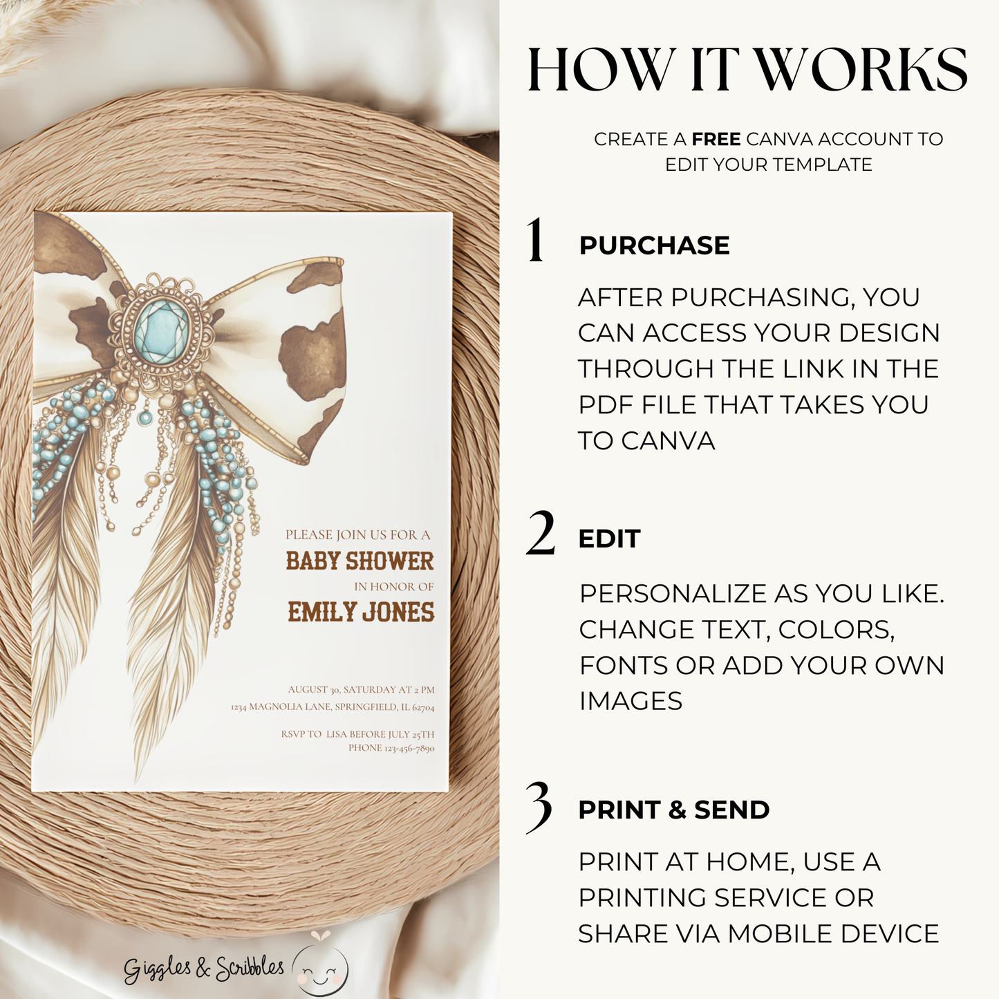 Baby Shower Invitation - Western Bow Boho Cowgirl Cowboy Feathers BS77