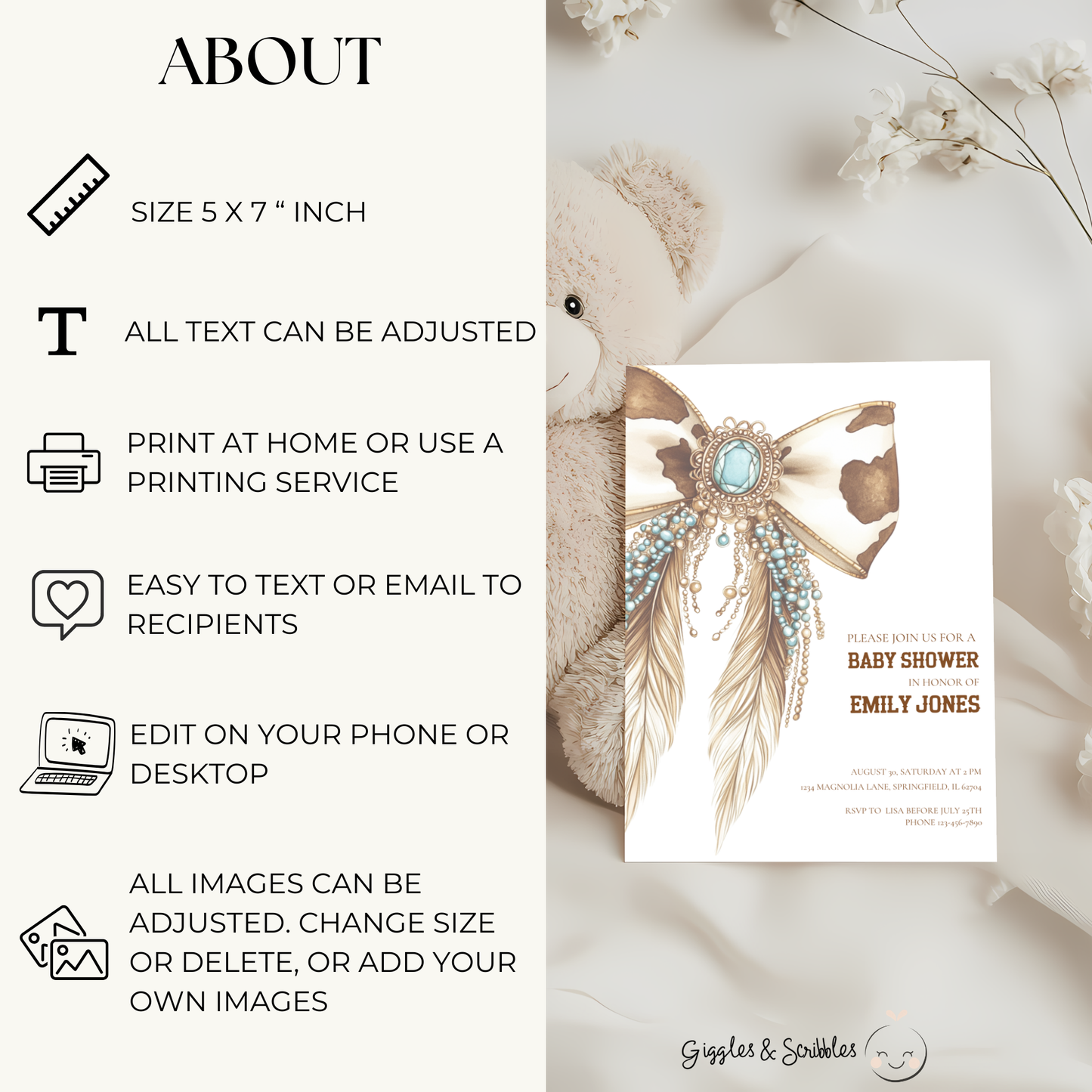 Baby Shower Invitation - Western Bow Boho Cowgirl Cowboy Feathers BS77