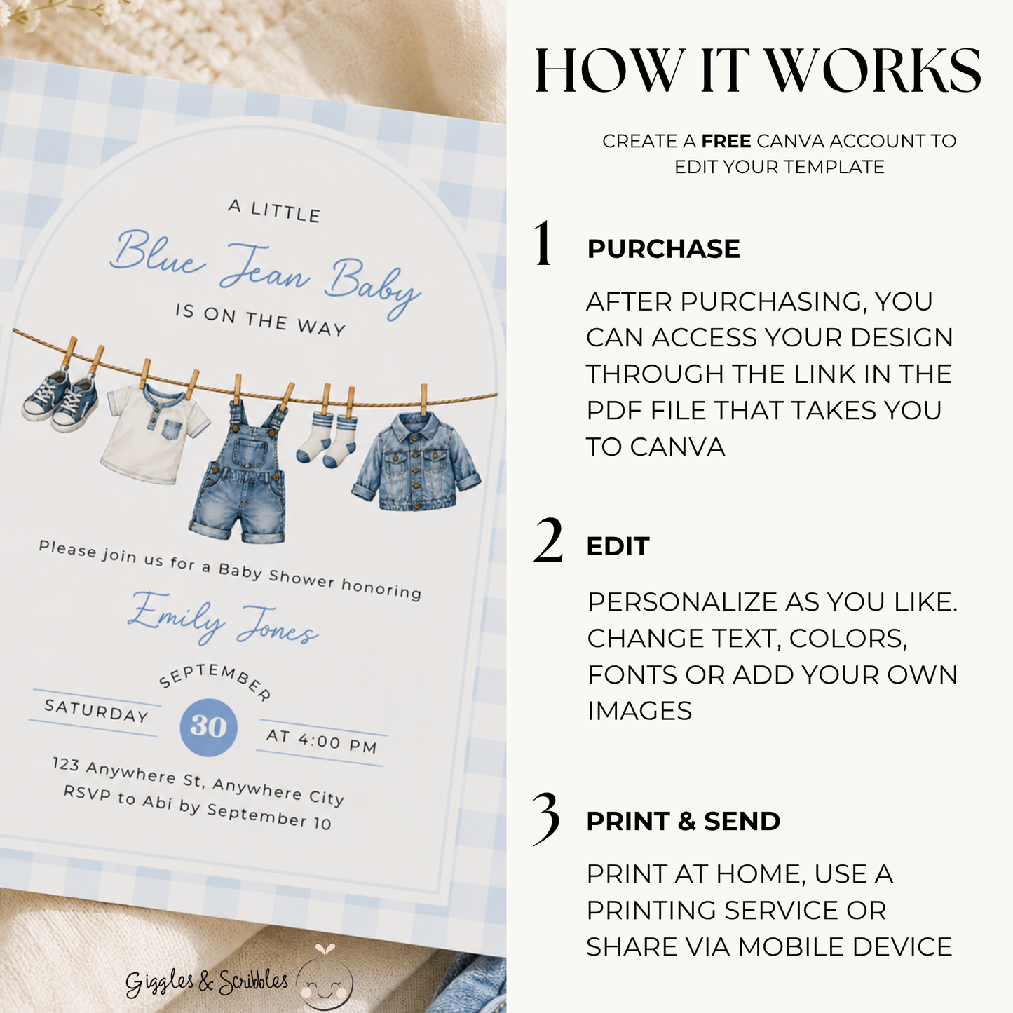Denim Boy Baby Shower Invitation BS312