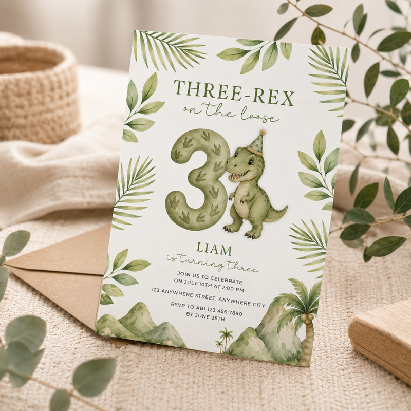 Three-Rex Dinosaur Birthday Invitation L145