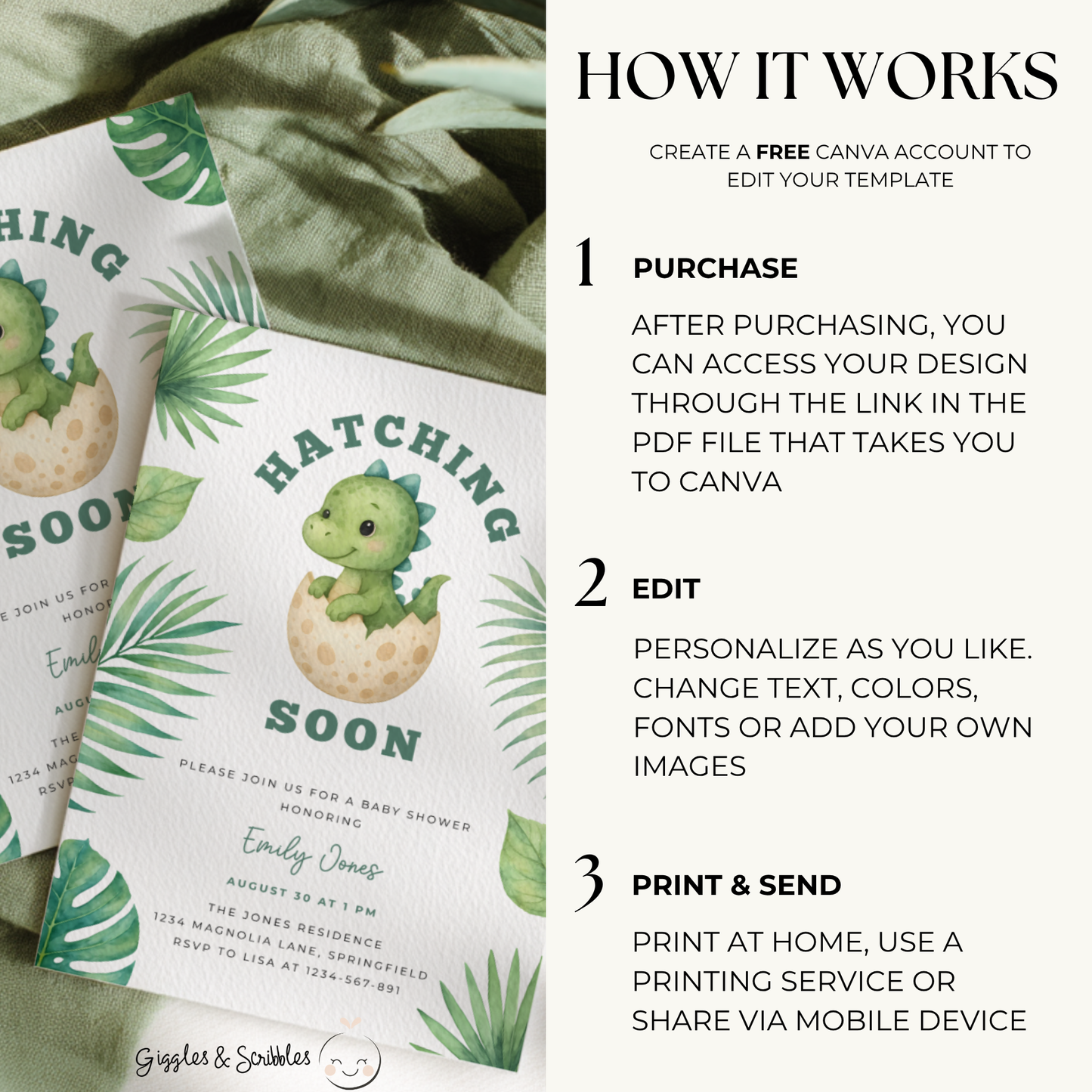 Baby Shower Invitation - Hatching Soon Dinosaur Theme BS216