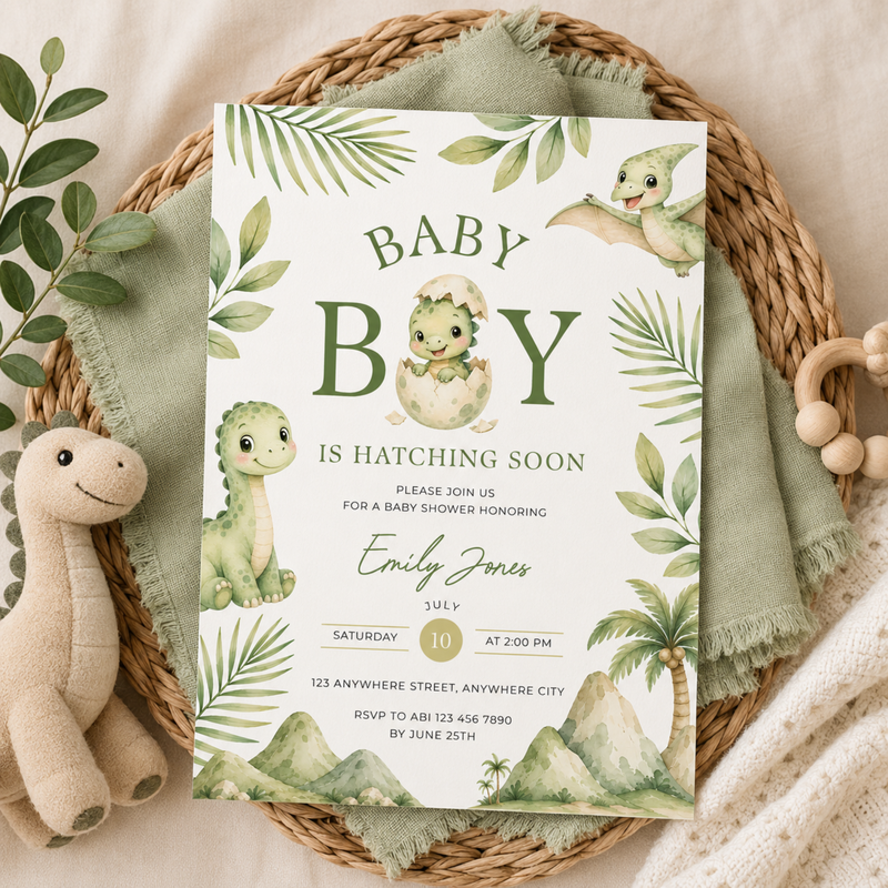 Hatching Soon Dino Baby Shower Invitation BS310