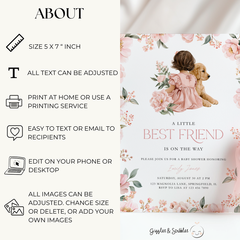Golden Retriever Dog Baby Shower Invitation for Girl BS291