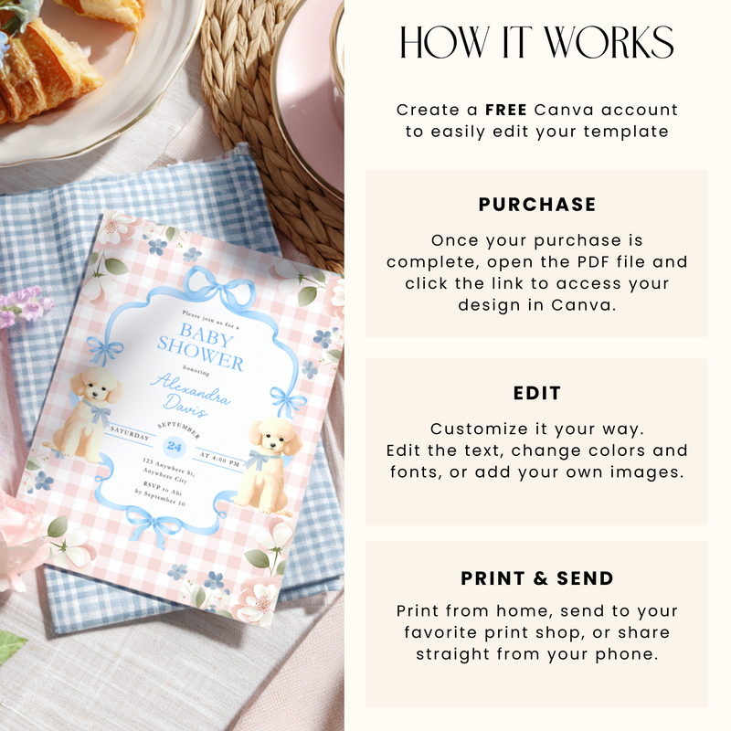 Cute Dog Blue Bow Baby Shower Invitation L97