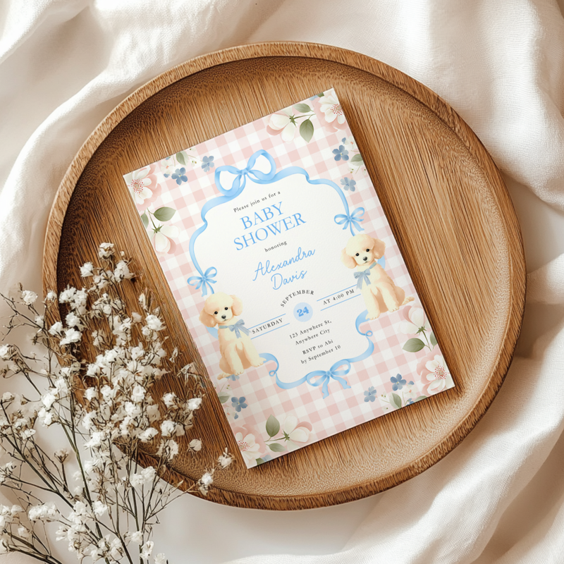Cute Dog Blue Bow Baby Shower Invitation L97