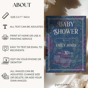 Baby Shower Invitation - Luxurious Moody Florals Deep Blue BS196