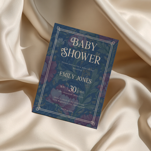Baby Shower Invitation - Luxurious Moody Florals Deep Blue BS196