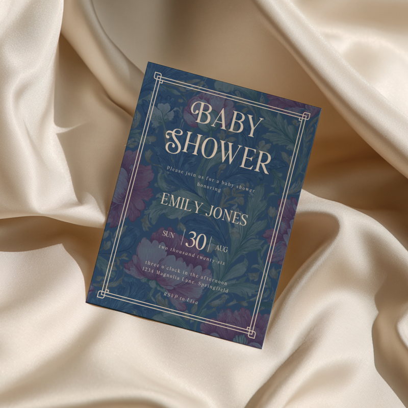 Baby Shower Invitation - Luxurious Moody Florals Deep Blue BS196