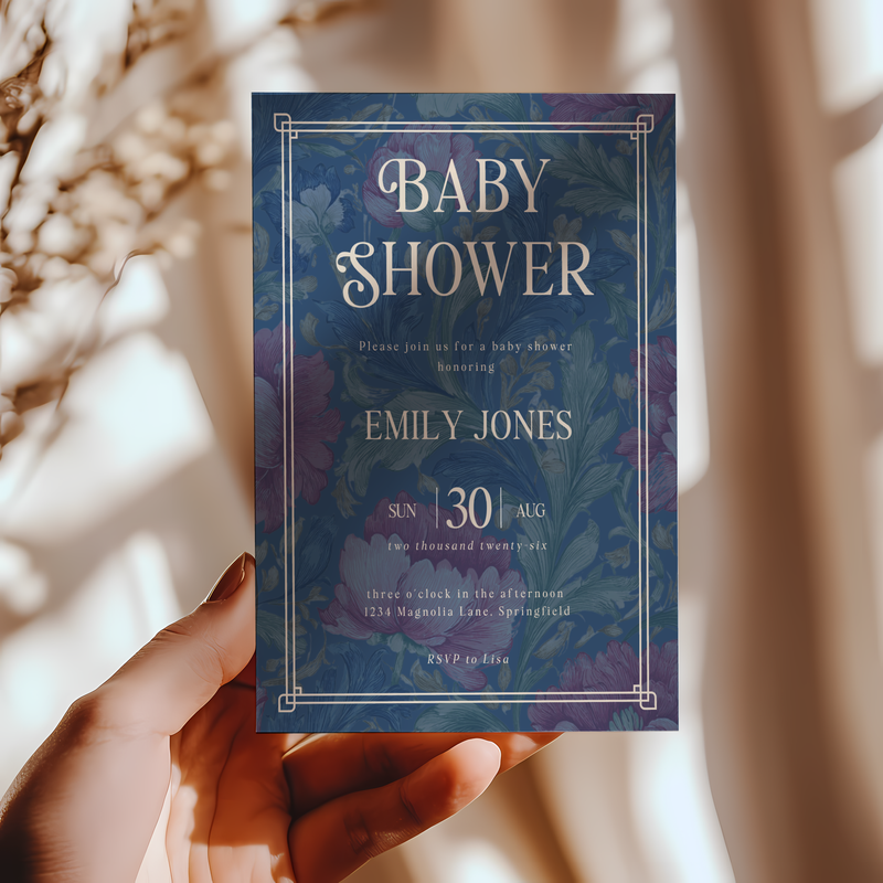 Baby Shower Invitation - Luxurious Moody Florals Deep Blue BS196