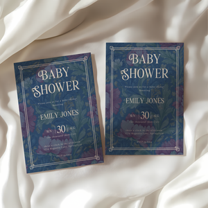 Baby Shower Invitation - Luxurious Moody Florals Deep Blue BS196