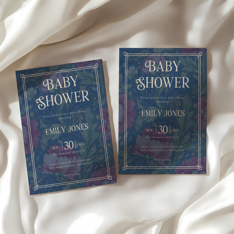 Baby Shower Invitation - Luxurious Moody Florals Deep Blue BS196
