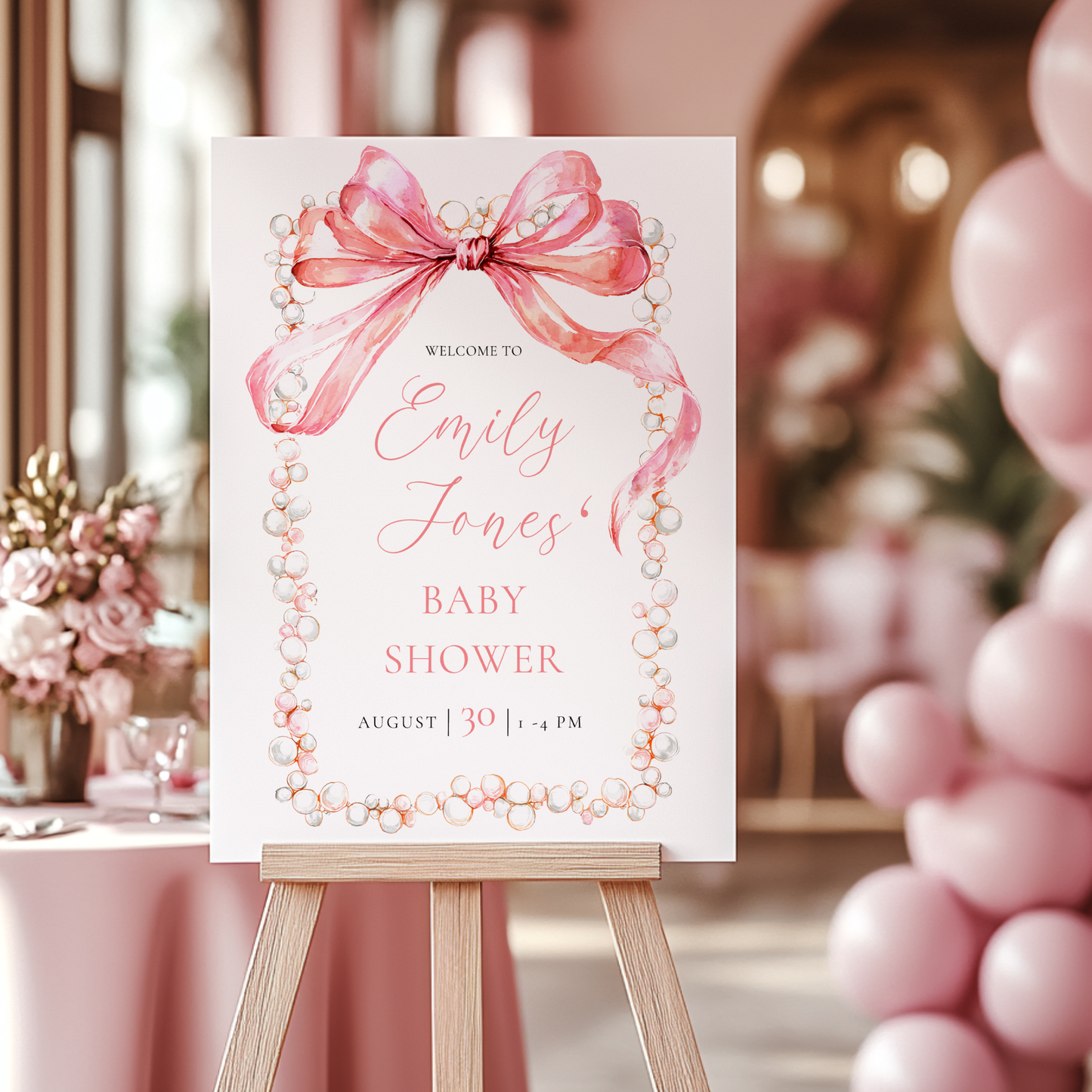 Baby Shower Welcome Sign - Elegant Pink Bow & Pearls BS162