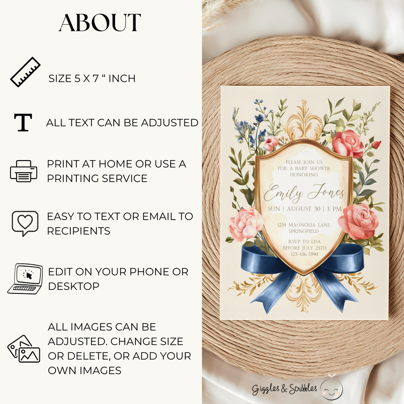 Baby Shower Invitation - Elegant Storybook Royal Garden Party Crest BS133