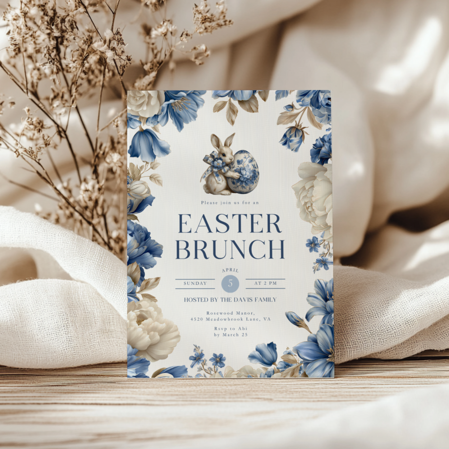 Elegant Blue Toile Easter Brunch Invitation L103