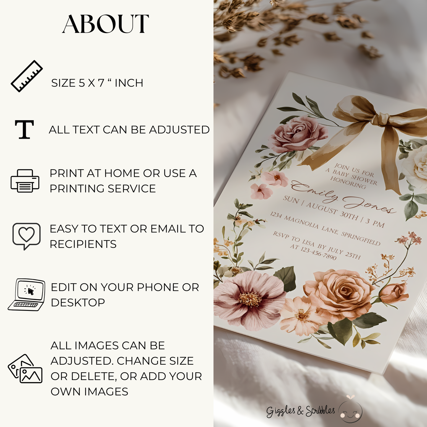 Baby Shower Invitation - Elegant Vintage Floral Blush Gender Neutral BS125