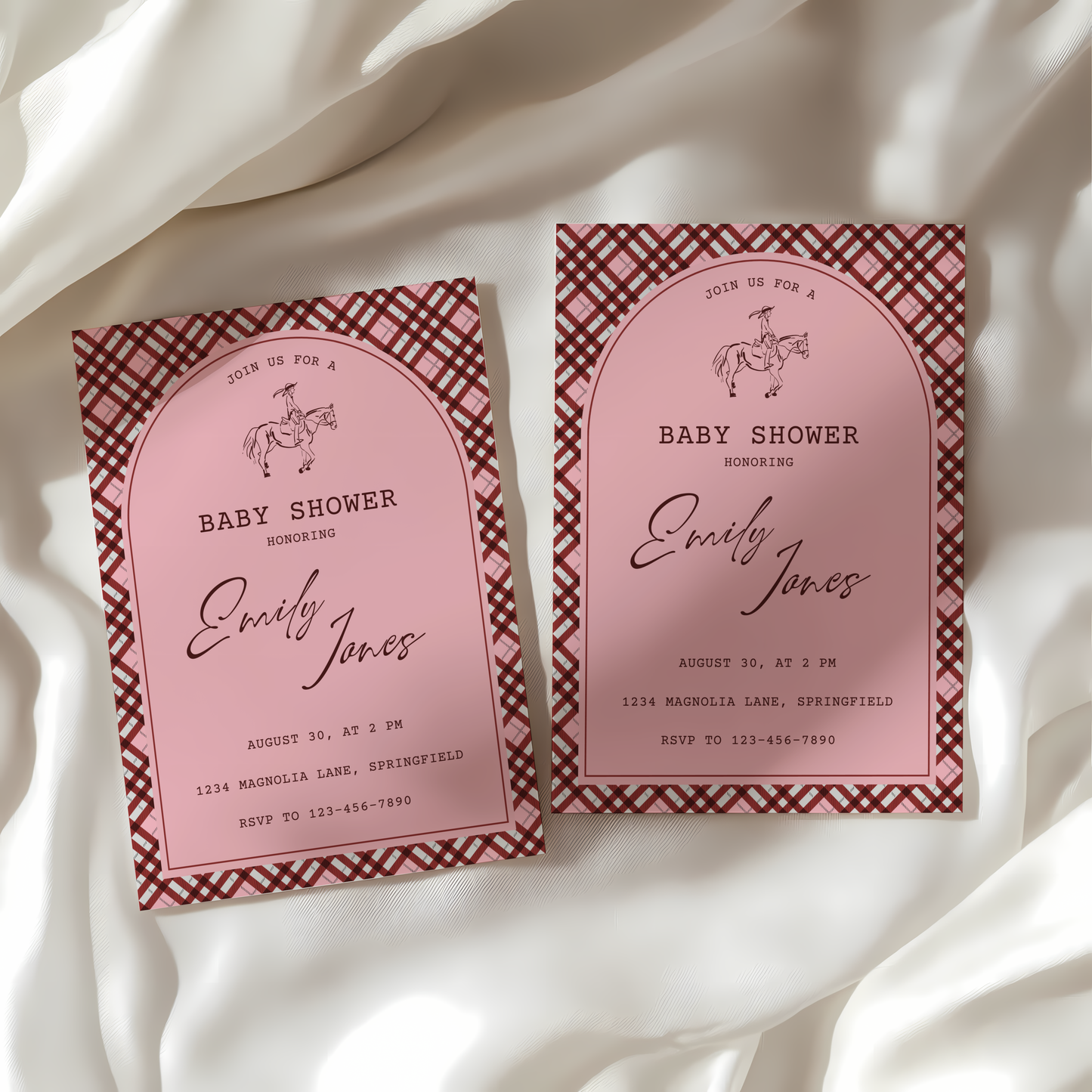 Baby Shower Invitation - Equestrian Preppy Pink Plaid BS128