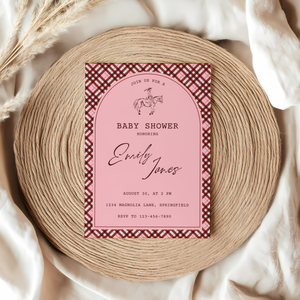 Baby Shower Invitation - Equestrian Preppy Pink Plaid BS128