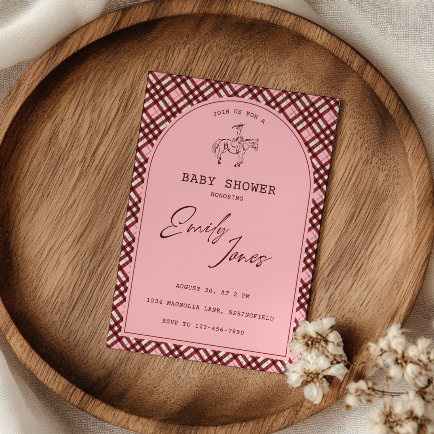Baby Shower Invitation - Equestrian Preppy Pink Plaid BS128