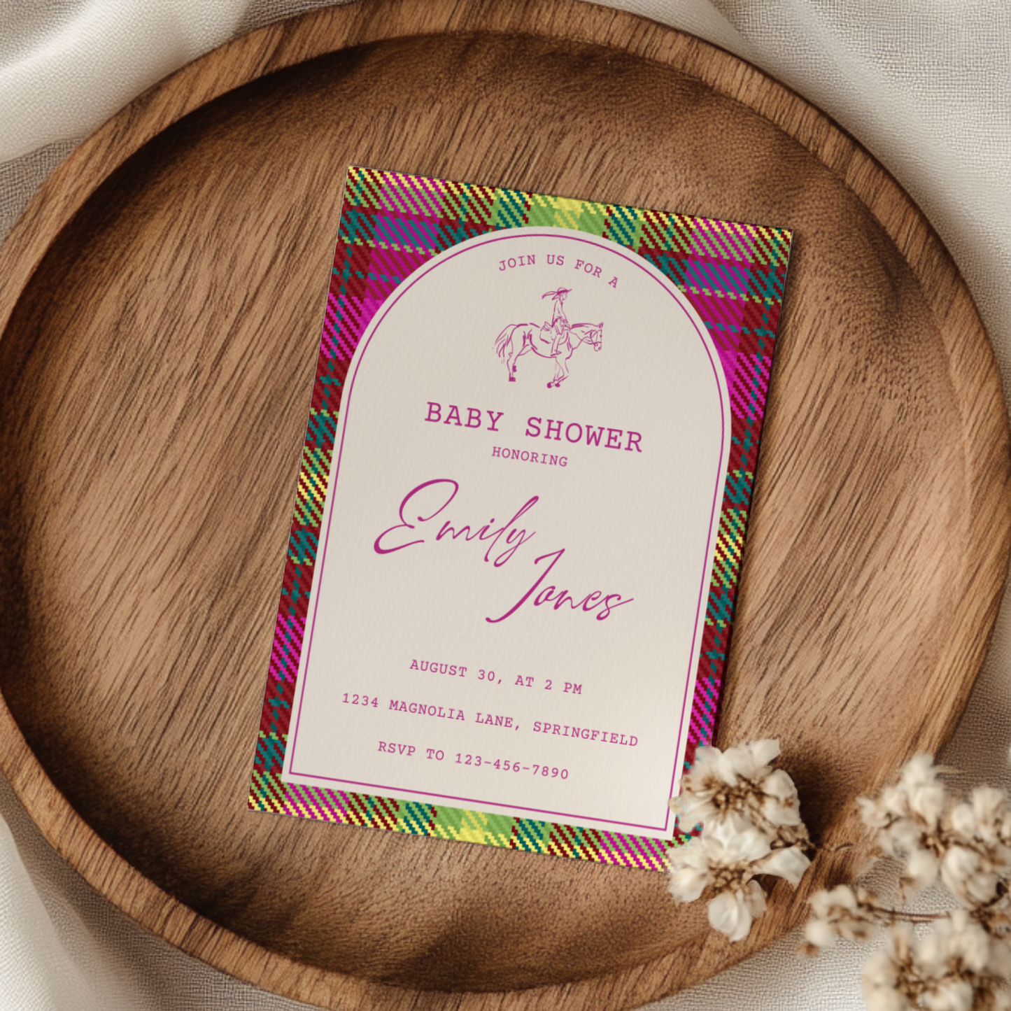 Baby Shower Invitation - Bright Colorful Plaid Equestrian Polo Club Theme BS128