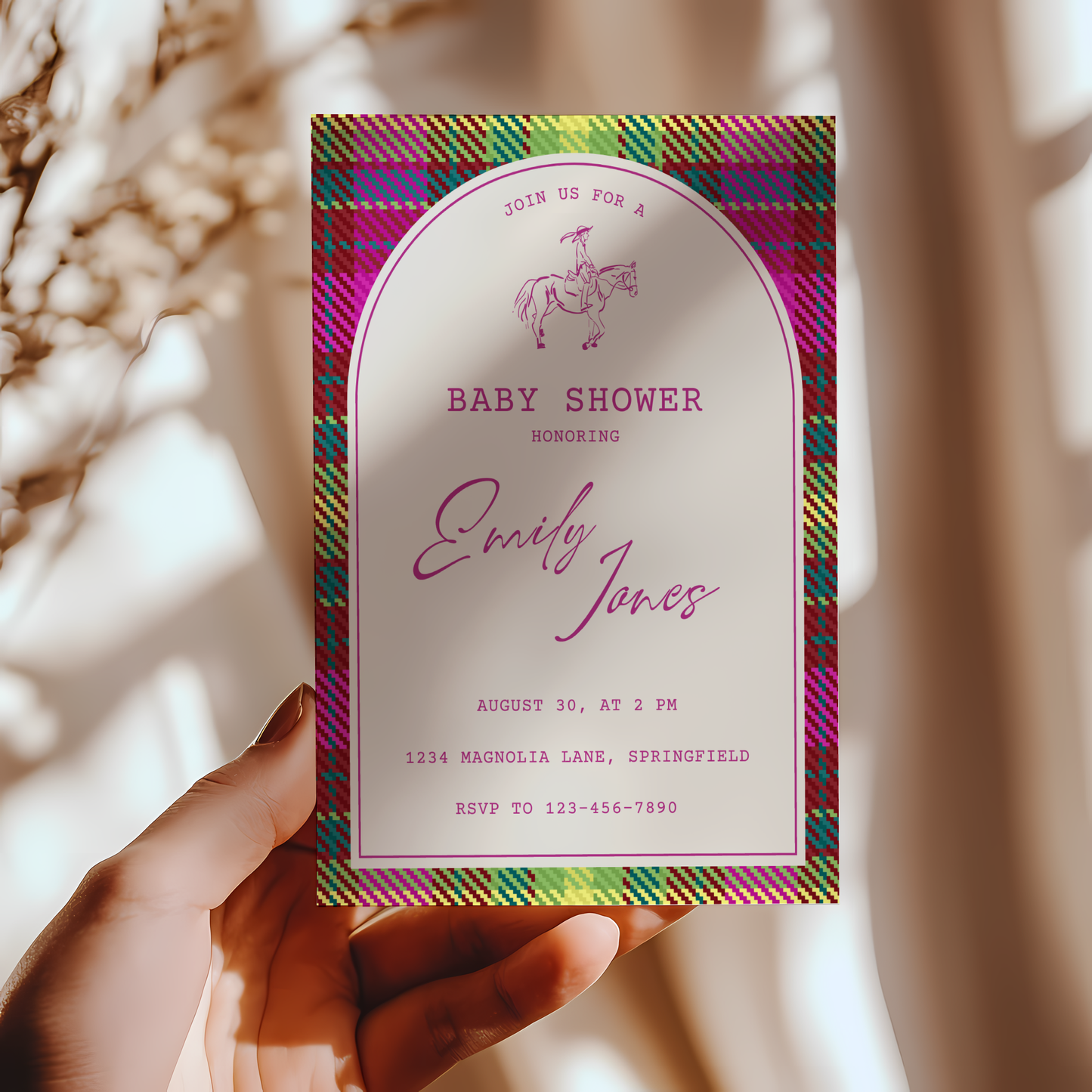 Baby Shower Invitation - Bright Colorful Plaid Equestrian Polo Club Theme BS128