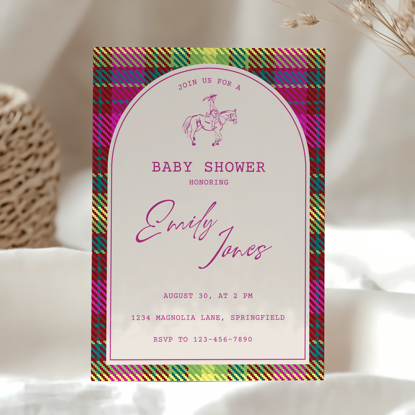 Baby Shower Invitation - Bright Colorful Plaid Equestrian Polo Club Theme BS128