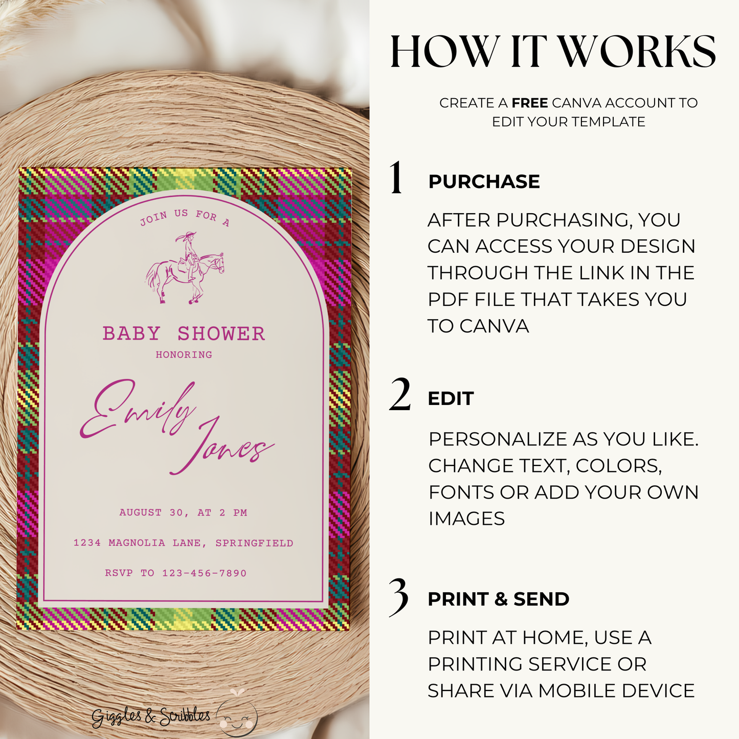 Baby Shower Invitation - Bright Colorful Plaid Equestrian Polo Club Theme BS128