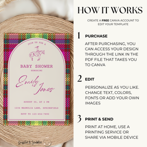Baby Shower Invitation - Bright Colorful Plaid Equestrian Polo Club Theme BS128