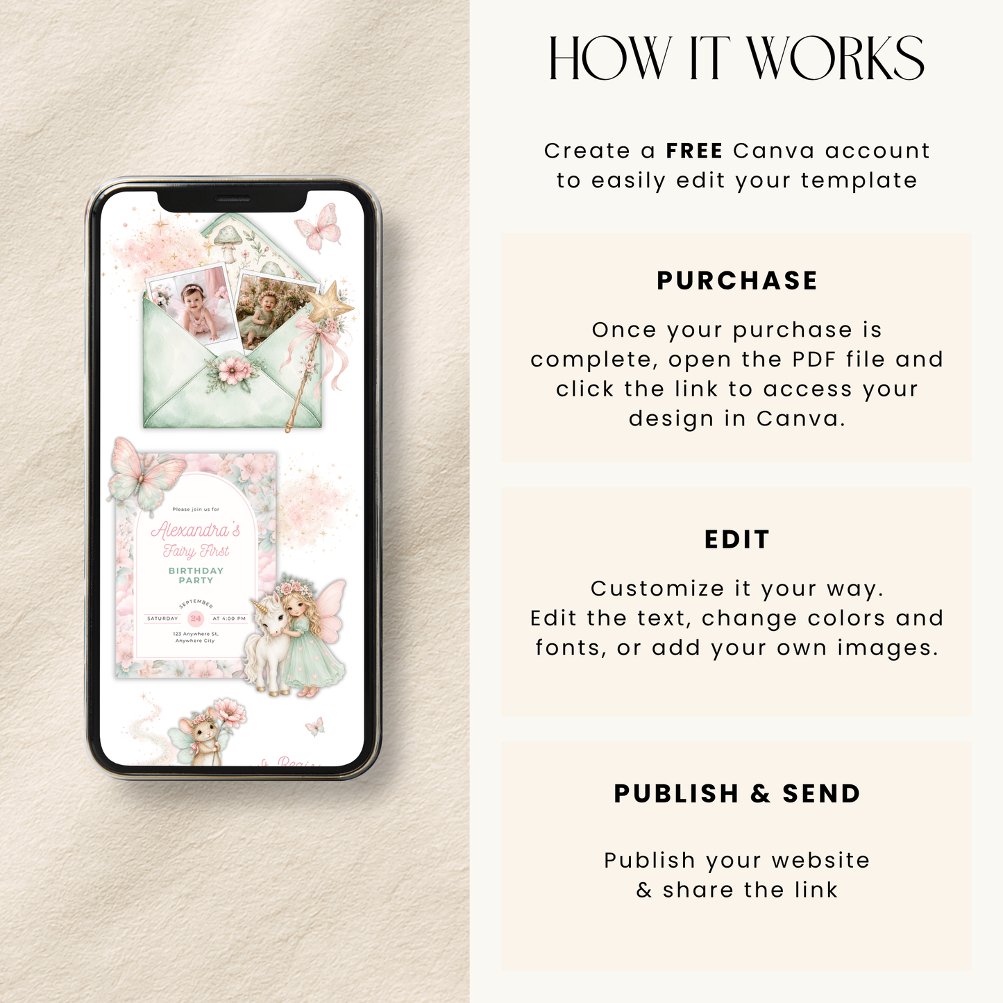 Fairy First Birthday Website Invitation Template with RSVP L99
