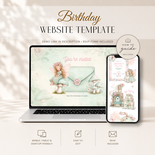 Fairy First Birthday Website Invitation Template with RSVP L99