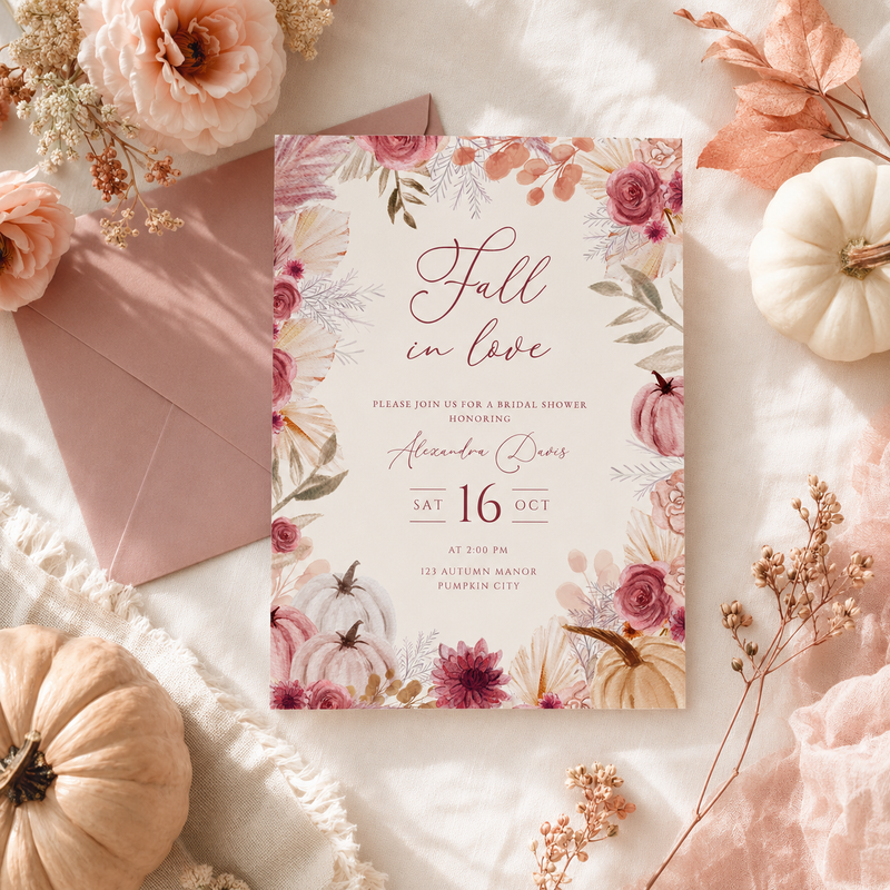 Fall in Love Bridal Shower Invitation | Elegant Autumn Pumpkin Invite L165