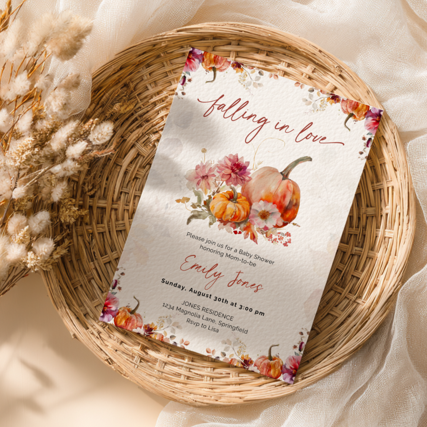 Baby Shower Invitation - Romantic Falling in Love Fall Florals BS178