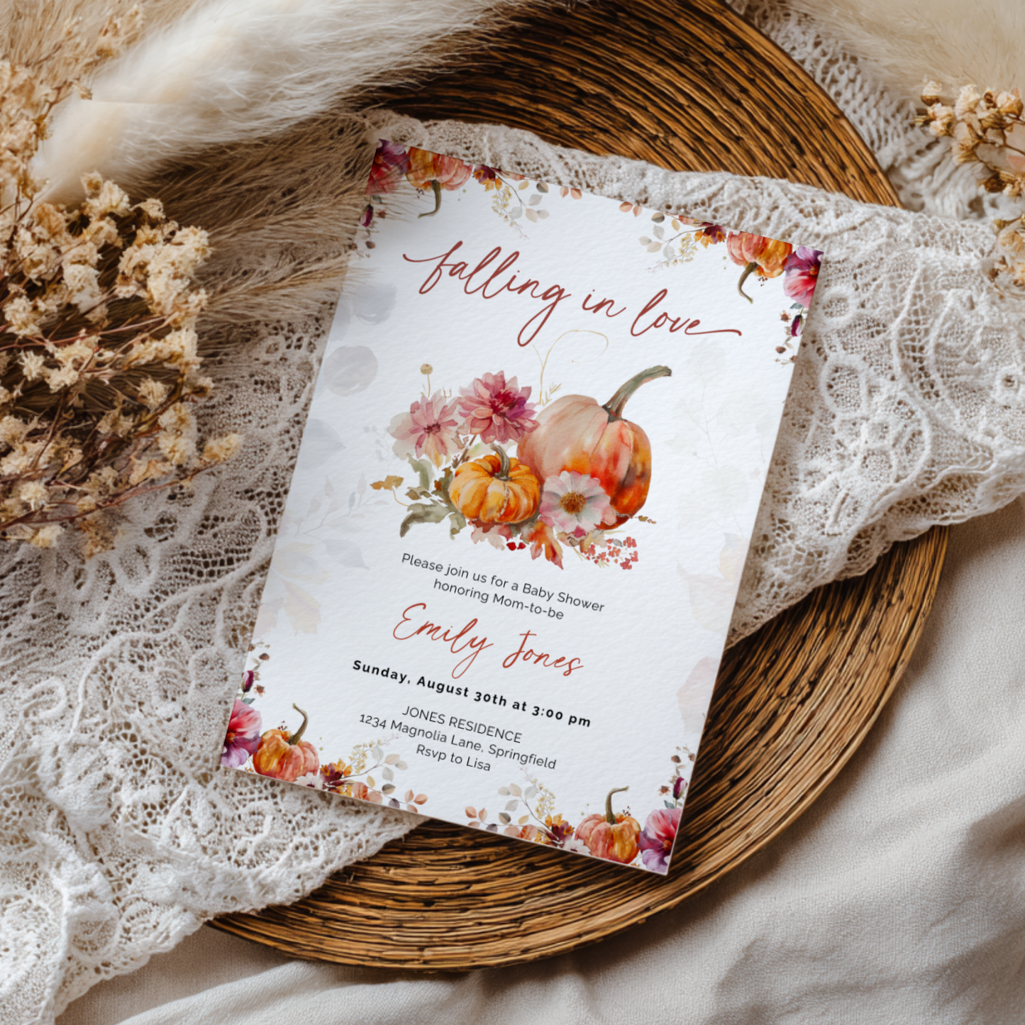 Baby Shower Invitation - Romantic Falling in Love Fall Florals BS178