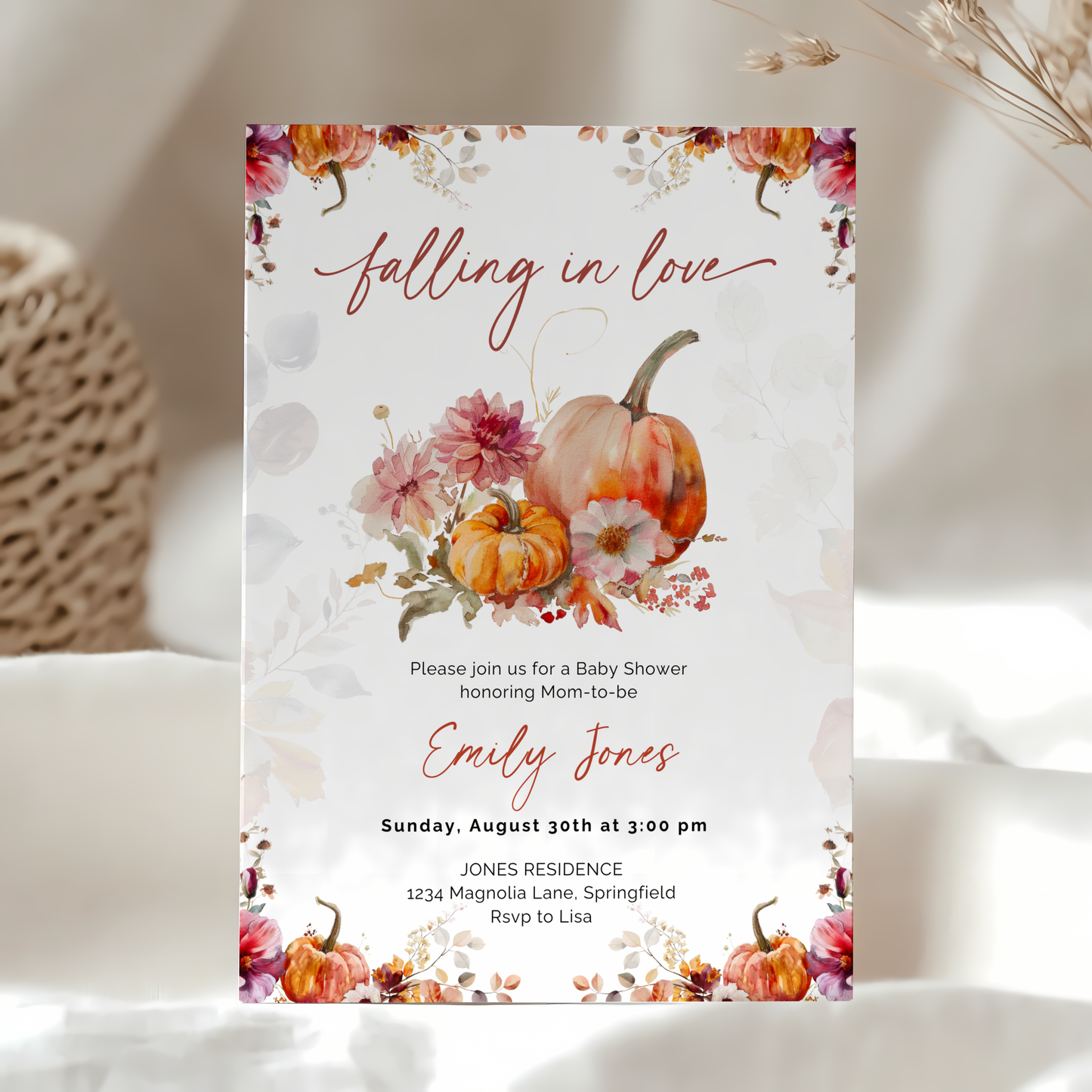 Baby Shower Invitation - Romantic Falling in Love Fall Florals BS178