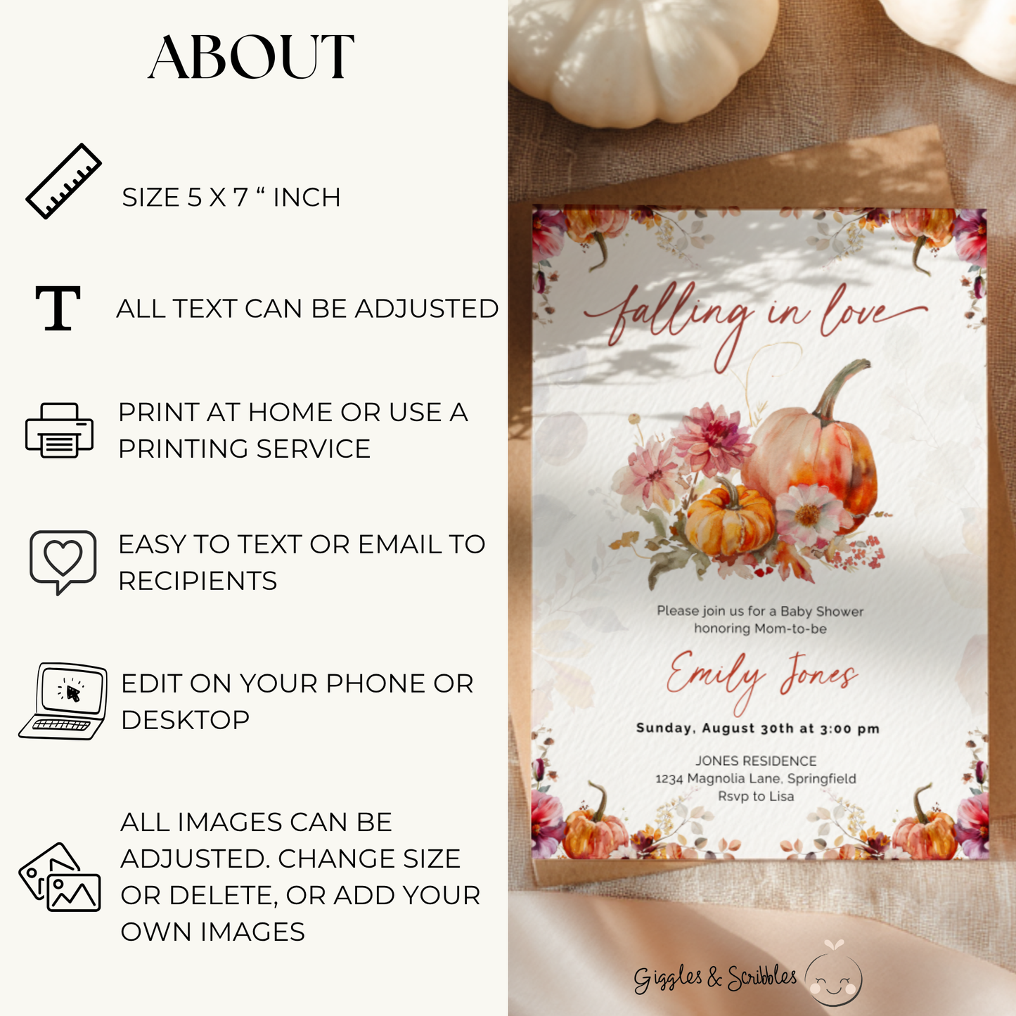 Baby Shower Invitation - Romantic Falling in Love Fall Florals BS178