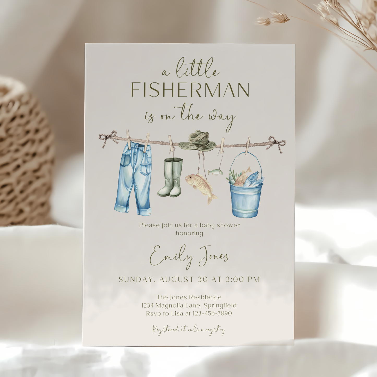 Baby Shower Invitation - A Little Fisherman Is On The Way Outdoor Fishing BS160
