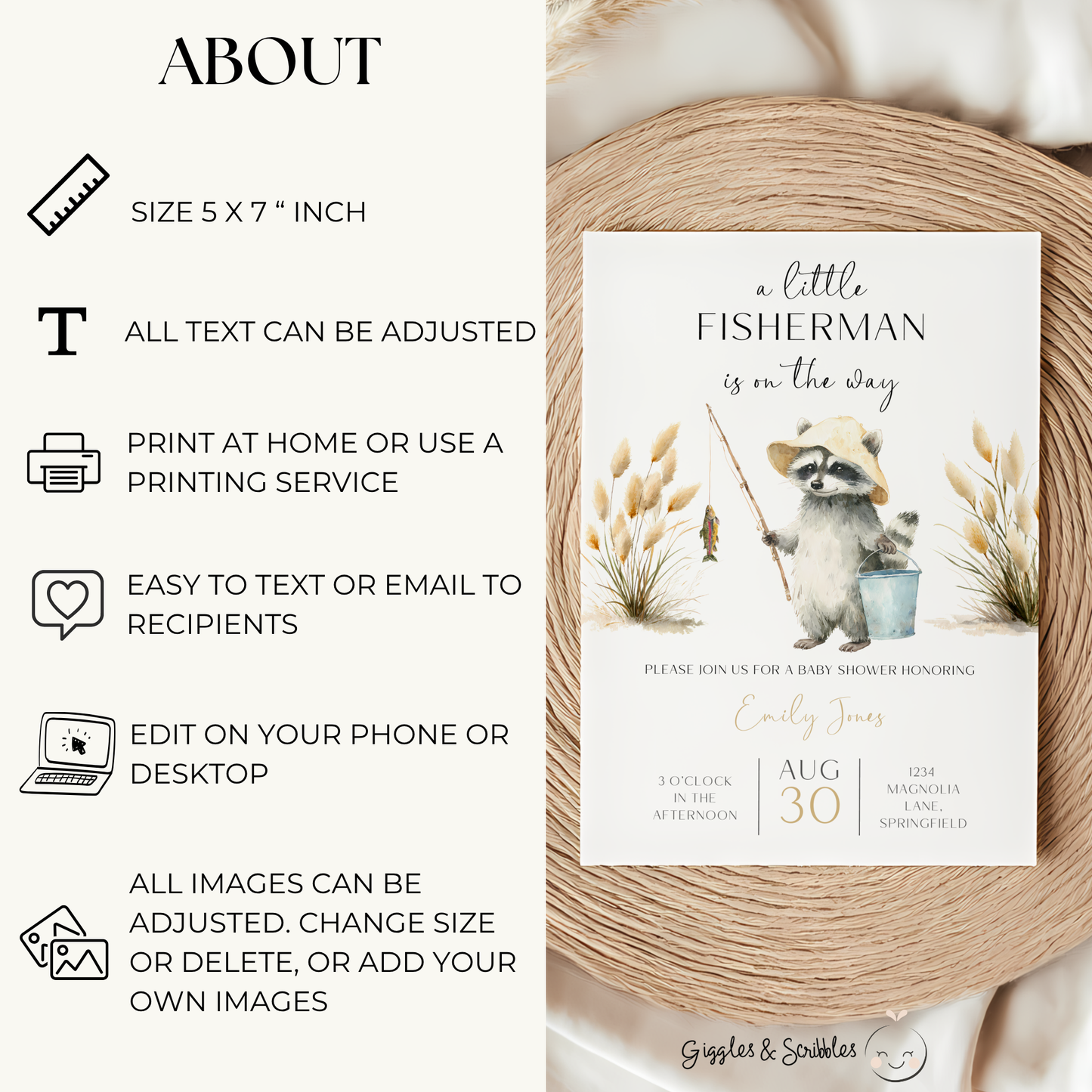 Baby Shower Invitation - A Little Fisherman Is On The Way Raccoon BS159