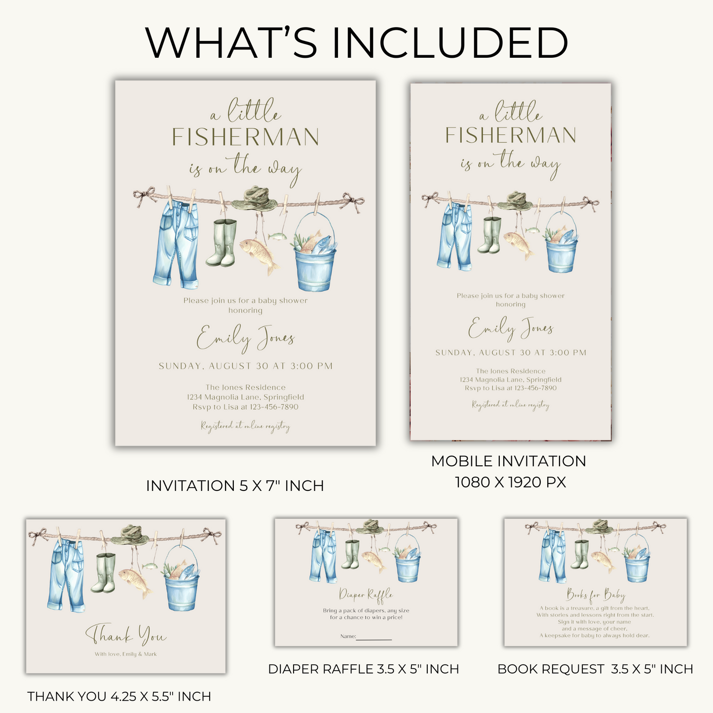 Baby Shower Invitation Bundle - Little Fisherman Is On The Way Beige Outdoors Hunting BS160