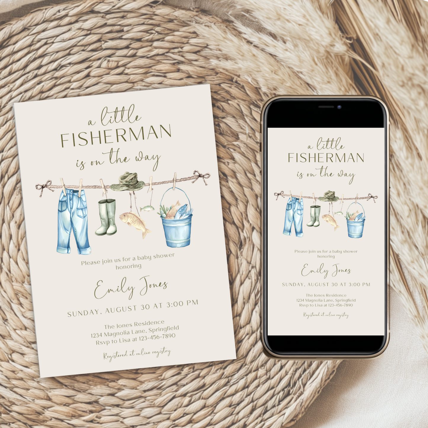 Baby Shower Invitation Bundle - Little Fisherman Is On The Way Beige Outdoors Hunting BS160