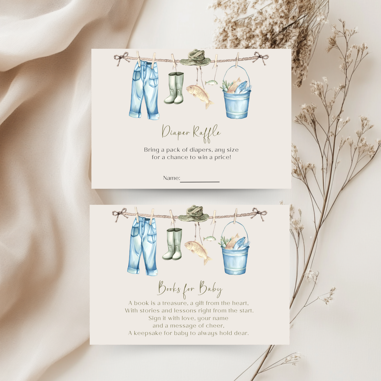Baby Shower Invitation Bundle - Little Fisherman Is On The Way Beige Outdoors Hunting BS160