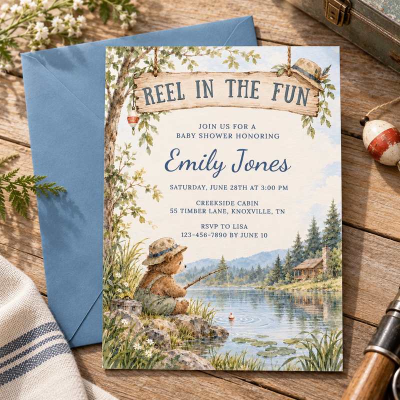 Fishing Bear Baby Shower Invitation – Reel in the Fun BS346