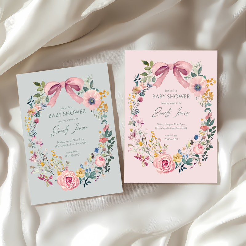 Baby Shower Invitation - Vintage Florals with Pink Bow BS71
